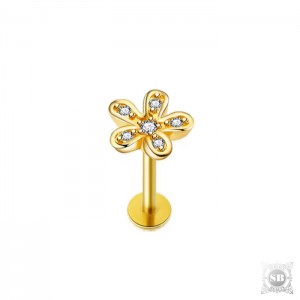 Лабрет со стразами на цветочке (Gold, 316L)
