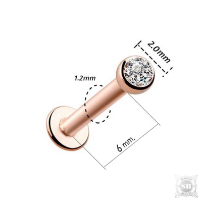 Лабрет 6 мм. с цирконом 2 мм. на внутренней резьбе с покрытием под розовое золото.
